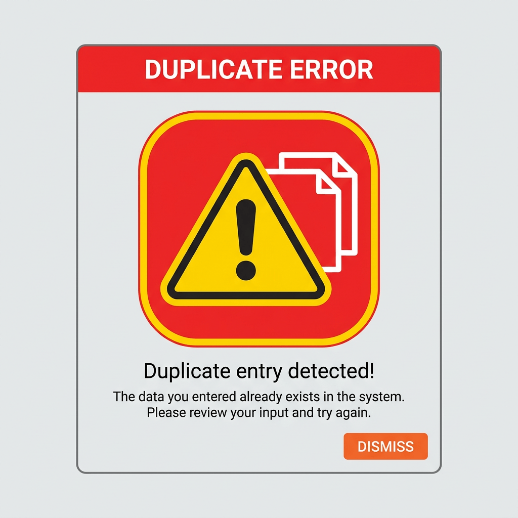 Duplicate error message with warning icon and dismiss button