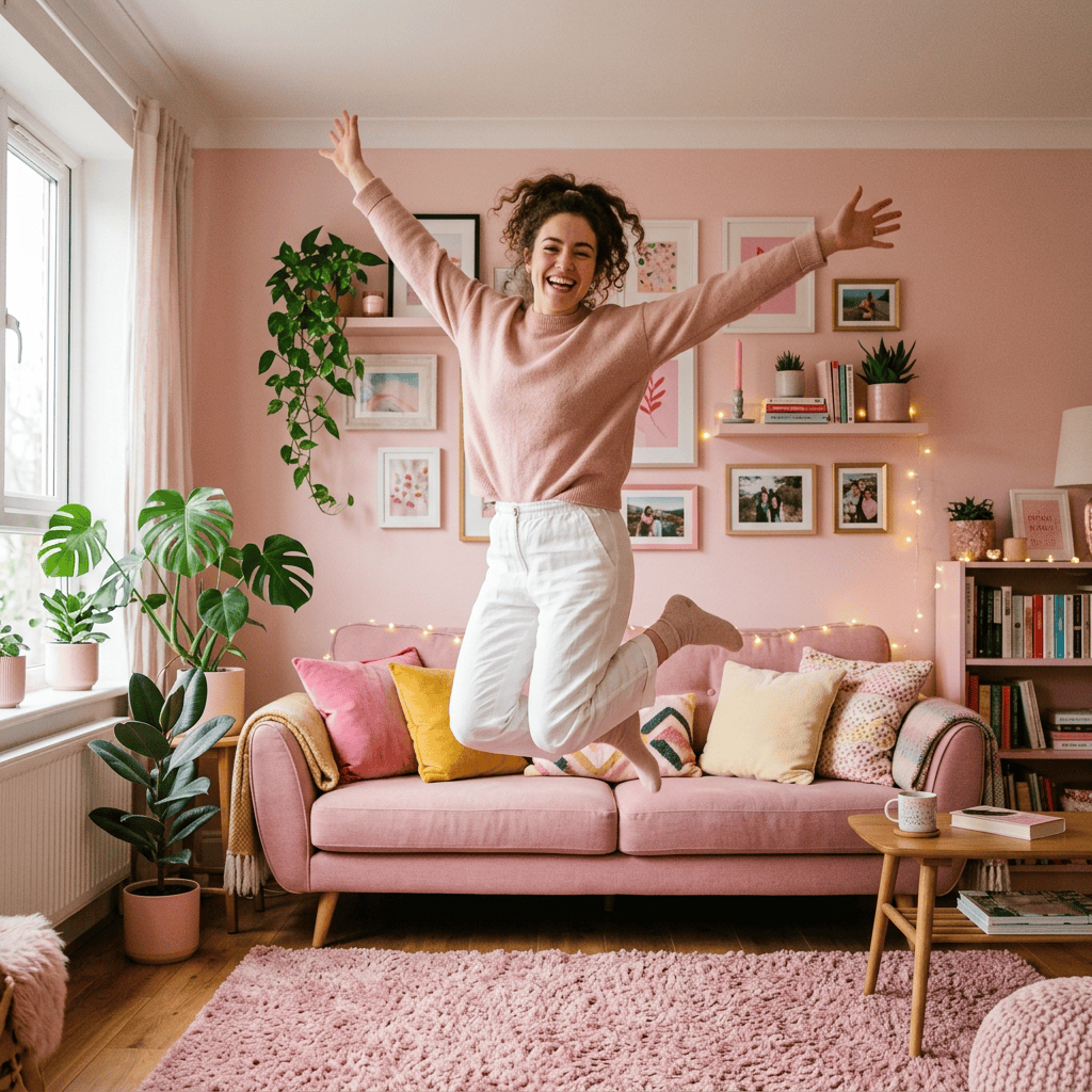 Woman jumping happily in a pink living room with sofa, plants, and wall art